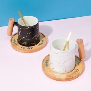 NWT marble strengthened porcelain mugs with spoon and coaster